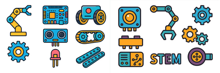 Colorful illustrations of robotics and STEM components showcasing technology education and innovation for students © icon_art