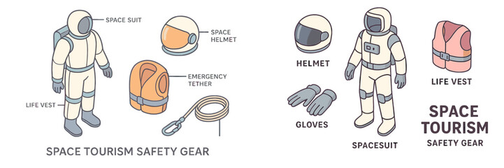 Detailed guide on essential safety gear for space tourism including suits, helmets, and emergency equipment