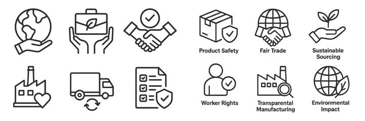 Icons representing sustainability, fair trade, and environmental impact in modern business practices