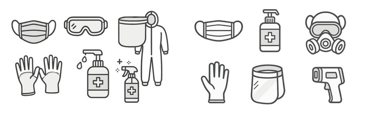 Medical protective equipment icons representing health and safety protocols during emergencies in healthcare settings