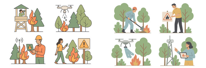 Fire prevention efforts in an outdoor forest setting using drones and personnel for monitoring and control