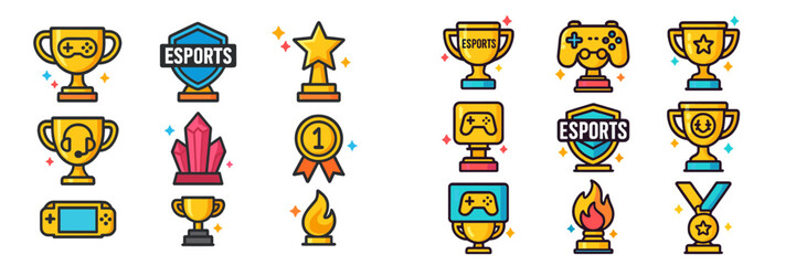 Colorful collection of gaming and esports trophies, icons, and symbols representing achievements and competition
