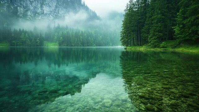 Tranquil Lake Surrounded by Lush Forest and Misty Mountains in Early Morning Light transparent background png