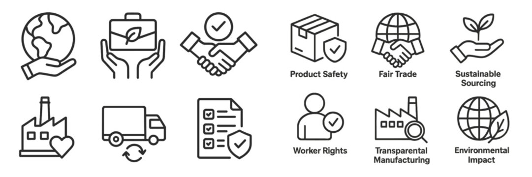 Icons representing sustainability, fair trade, and environmental impact in modern business practices