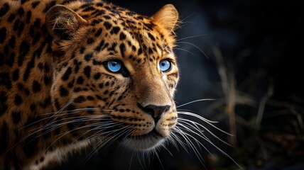Obraz premium Majestic leopard with striking blue eyes gazing intently in a dramatic low-light environment