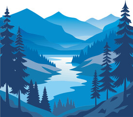 Fototapeta premium A collection of serene illustration depicting lake landscape with mountain, tree and calm water, rendered with a peaceful and stylized aesthetic.