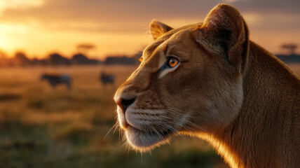 Naklejka premium Majestic Lioness in Profile Against Stunning Sunset in African Savanna Landscape