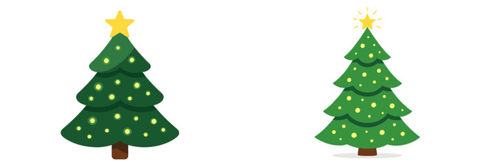 Two cheerful Christmas trees decorated with lights and stars set against a plain backdrop during the holiday season