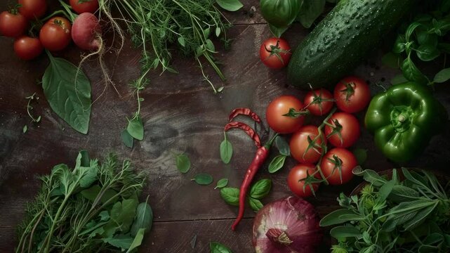 Colorful array of fresh vegetables including carrots, tomatoes, peppers, and garlic on display at a farmers market or grocery store.