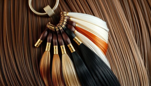 A collection of hair extension samples is displayed on a circular keyring