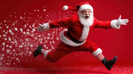 Santa Claus joyfully leaps against a red background, spreading festive cheer with snowflakes trailing behind.
