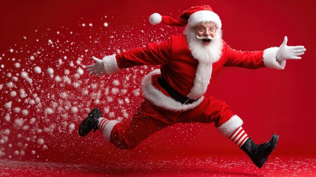 Santa Claus joyfully leaps against a red background, spreading festive cheer with snowflakes trailing behind.