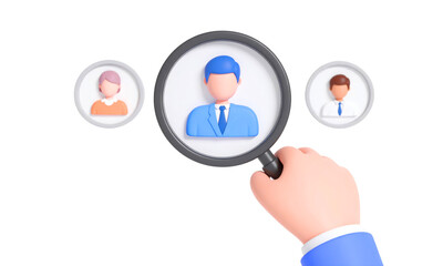 Hand holding magnifying glass, focusing on blue suit businessperson, with two other professional avatars, concept of recruitment, selection, and human resources