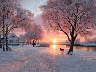 A peaceful winter sunset over a snowy landscape with a house, bare trees, and a lone deer standing near a riverbank.