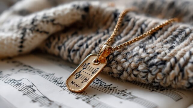 A close-up of a gold pendant with musical notes and the name "Mair" rests on sheet music and a knitted fabric.