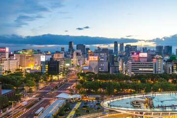  light in Nagoya city Japan. Panoramic modern city bird eye view on Nagoya TV Tower, landmark of Nagoya. Oasis21, Aichi art center.