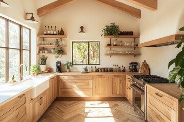 Light-filled, modern farmhouse kitchen with light wood cabinetry and open shelving