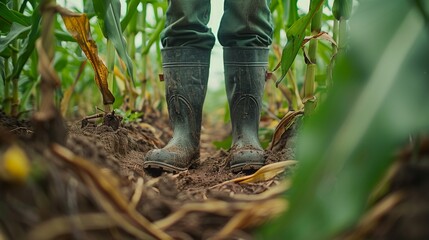 A knee high photograph of a farmer standing between rows of corn, wearing rubber boots.