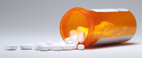 The orange bottle of spilled white pills on a clean surface
