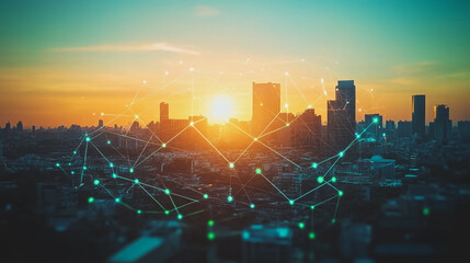 Smart Innovation city with connection cyber security network reciprocity over the sunset cityscape future wireless digital city and social media networking systems that connects people in the city