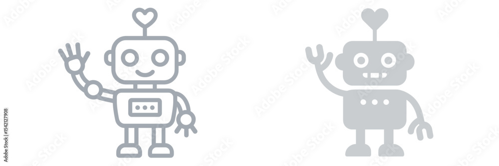Poster friendly robots waving and expressing joy in a minimalist design