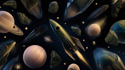 Space themed digital art, a collage of planets, asteroids, crystals and a rocket