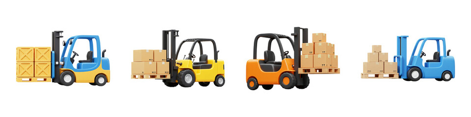 Forklift Icons – 3D Industrial Pallet Lifting Vehicles PNG Clipart Set
