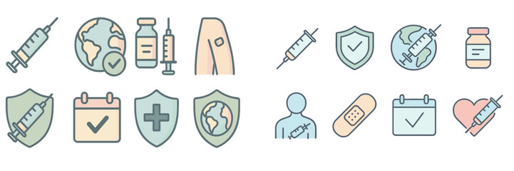 Various icons representing health and vaccination themes with symbols of syringes, shields, and medical elements in a colorful design