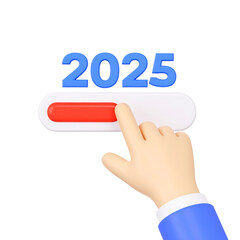Hand touching red slider with 2025 text, modern 3D illustration, symbolizing future, progress, and new year, isolated on transparency background