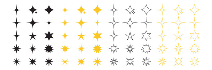 A collection of various vector shiny stars, decorative forms of flicker and bursts, abstract shining symbols of flash. Vector illustration.