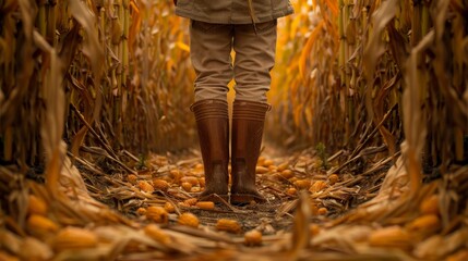 A knee high photograph of a farmer standing between rows of corn, wearing rubber boots.