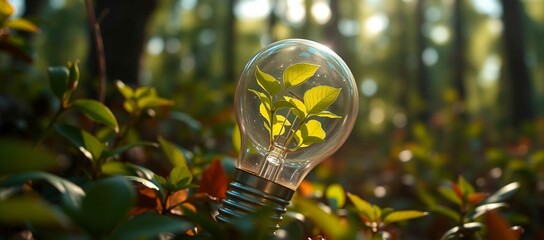Eco-friendly light bulb with green leaves inside glowing in the forest, symbolizing renewable energy and sustainability. Ultra realistic, clean, and vibrant nature concept.