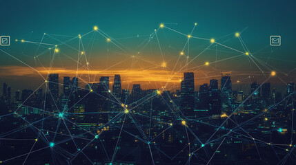 Smart Innovation city with connection cyber security network reciprocity over the sunset cityscape future wireless digital city and social media networking systems that connects people in the city