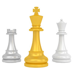 Golden king chess piece, silver rook, and white queen stand together on transparency background, symbolizing leadership, strategy, and teamwork in competitive game