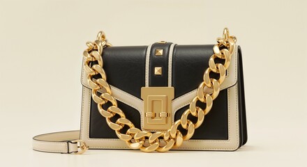 gold chain and lock of black purse isolated on off white colored solid background 