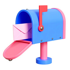Blue mailbox pink envelope open door red flag cheerful 3D illustration isolated communication mail delivery modern design