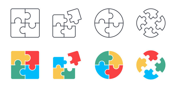 Vector puzzle icons. Set color and line symbols editable stroke. Mixed infographic f square and circular jigsaw pieces in linear and colorful styles. Ideal for teamwork solution strategy or education.