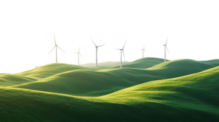 Wind turbines on rolling green hills isolated on transparent background