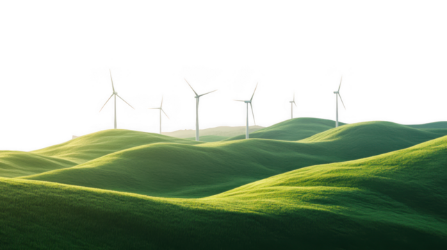 Wind turbines on rolling green hills isolated on transparent background