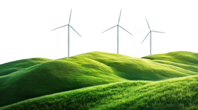 Three wind turbines on rolling green hills isolated on transparent background