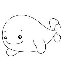 Cartoon whale with a smiling face and flippers in a simple outlined style