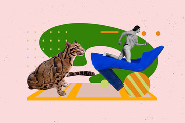 Creative full artwork pop collage of happy girl run inside heel shopping tiger zoo visitor pet shelter eco friendly fauna