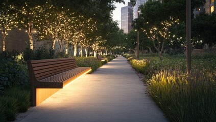 Fototapeta premium Illuminated park walkway at dusk. 