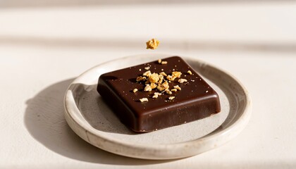 Dark chocolate square with crushed nuts on ceramic plate  