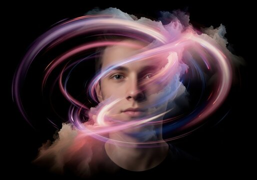 Dynamic Mindscape: Light and Forms. A man's face enveloped by glowing ethereal beams and abstract vapor, symbolizing thought, consciousness, and ingenuity in the digital age.