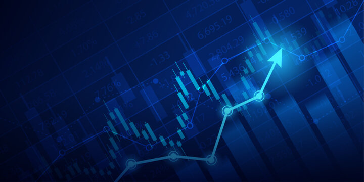 technology financial graph with uptrend line arrow and bar chart of stock market on blue color background