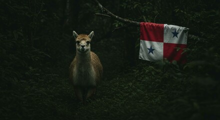 Llama in Lush Forest with Panama Flag, Dark and Moody Compositio