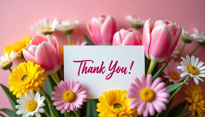 Floral Gratitude: A "Thank You!" Card Amidst a Vibrant Bouquet on Pink