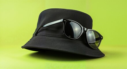 A black bucket hat and sunglasses isolated on parrot colored solid background