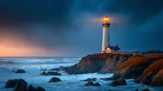 Lighthouse standing strong against turbulent waves at sunset in coastal landscape